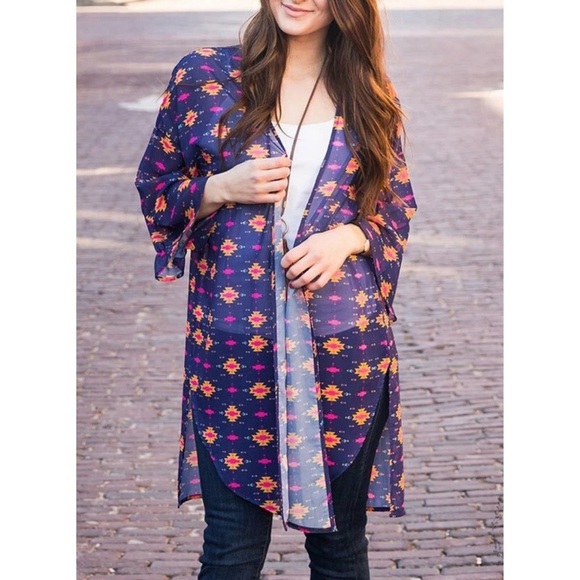 Grace & Emma Tops - Grace & Emma Purple/Pink Aztec Print Colorful Western Duster Kimono Shawl